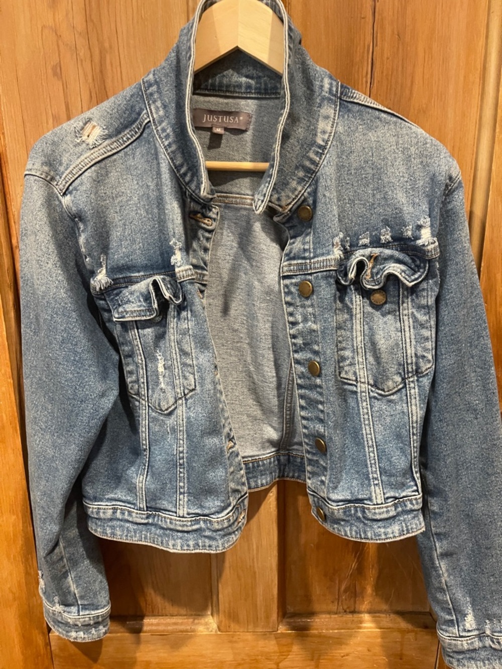 Just USA Cropped Distressed Light Blue Denim Jacket